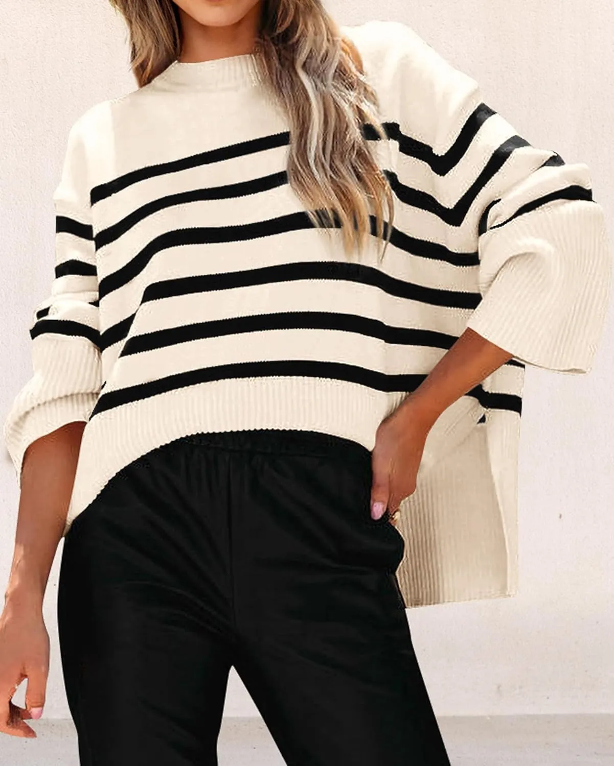 KIRUNDO Women's Striped Knit Oversized Fall Sweaters 2025 Trendy Clothes Crewneck Winter Pullover Sweater Side Split
