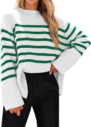 KIRUNDO Women's Striped Knit Oversized Fall Sweaters 2025 Trendy Clothes Crewneck Winter Pullover Sweater Side Split