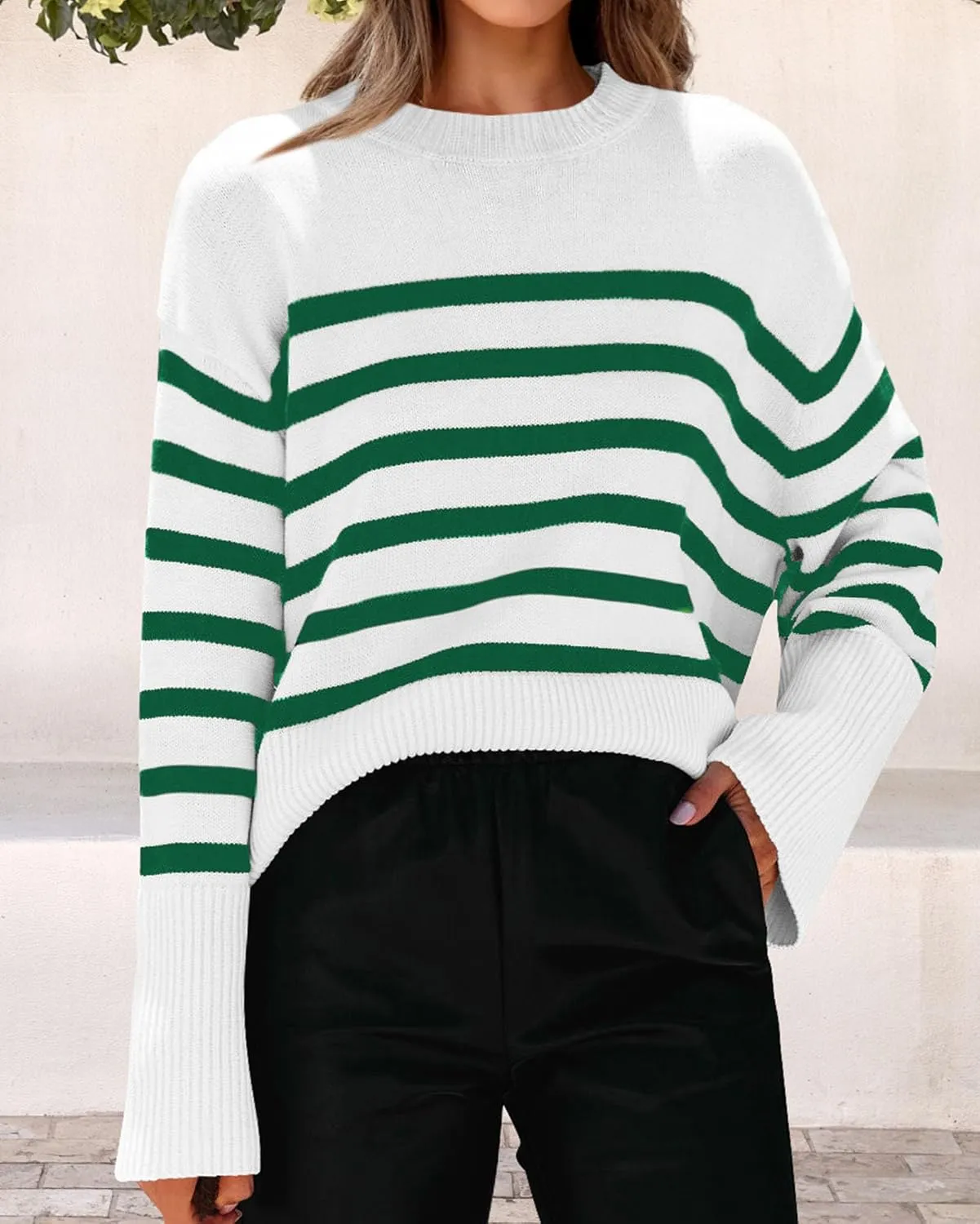 KIRUNDO Women's Striped Knit Oversized Fall Sweaters 2025 Trendy Clothes Crewneck Winter Pullover Sweater Side Split