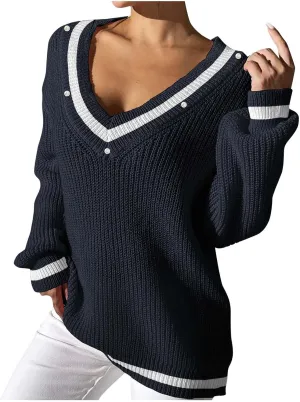 Lastesso Fall Sweaters for Women 2024 V Neck Breathable Oversized Long Sleeve Cable Knit Tops Casual Preppy Trendy Clothes