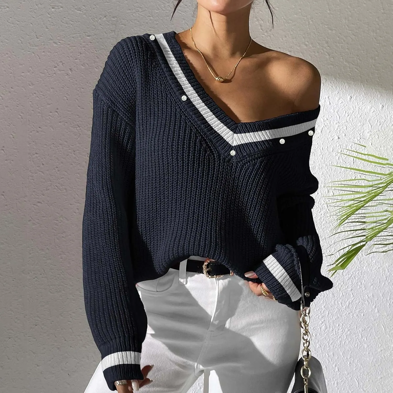 Lastesso Fall Sweaters for Women 2024 V Neck Breathable Oversized Long Sleeve Cable Knit Tops Casual Preppy Trendy Clothes