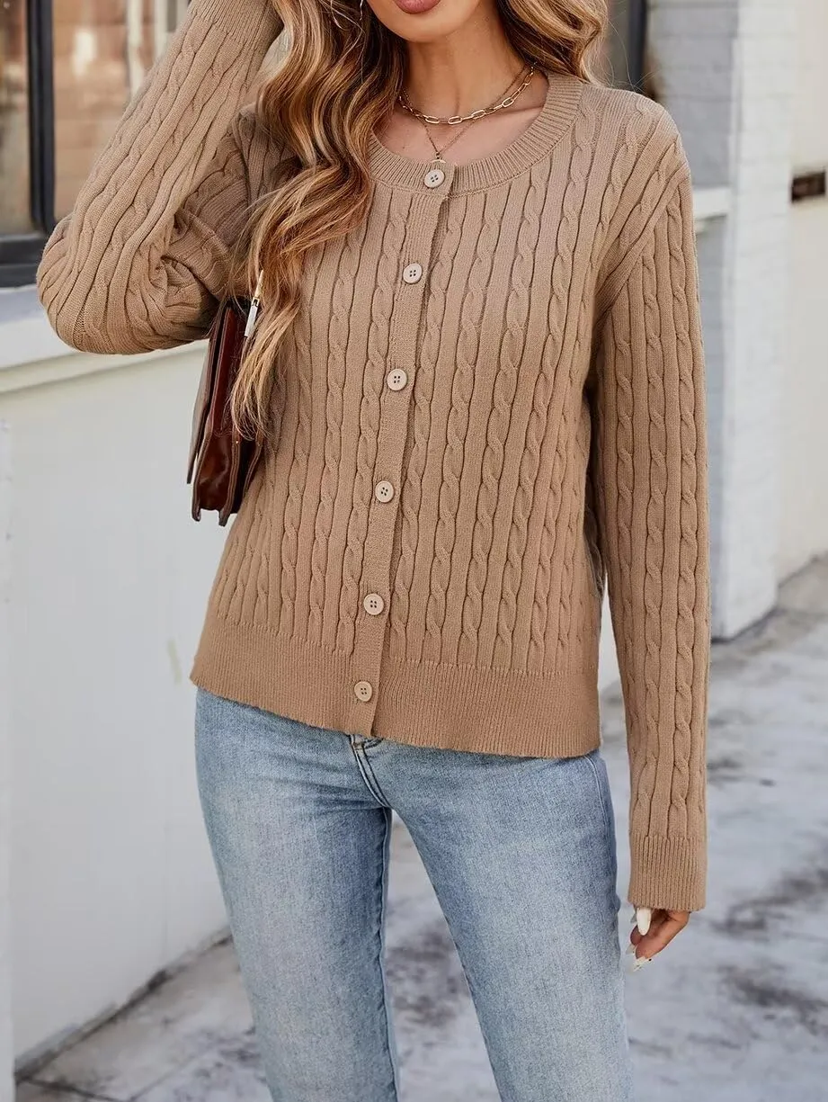 LEEDYA Women Long Sleeve Cable Knit Cardigan Button Down Open Front Cropped Sweater Crewneck Fall Jacket Tops Outfits