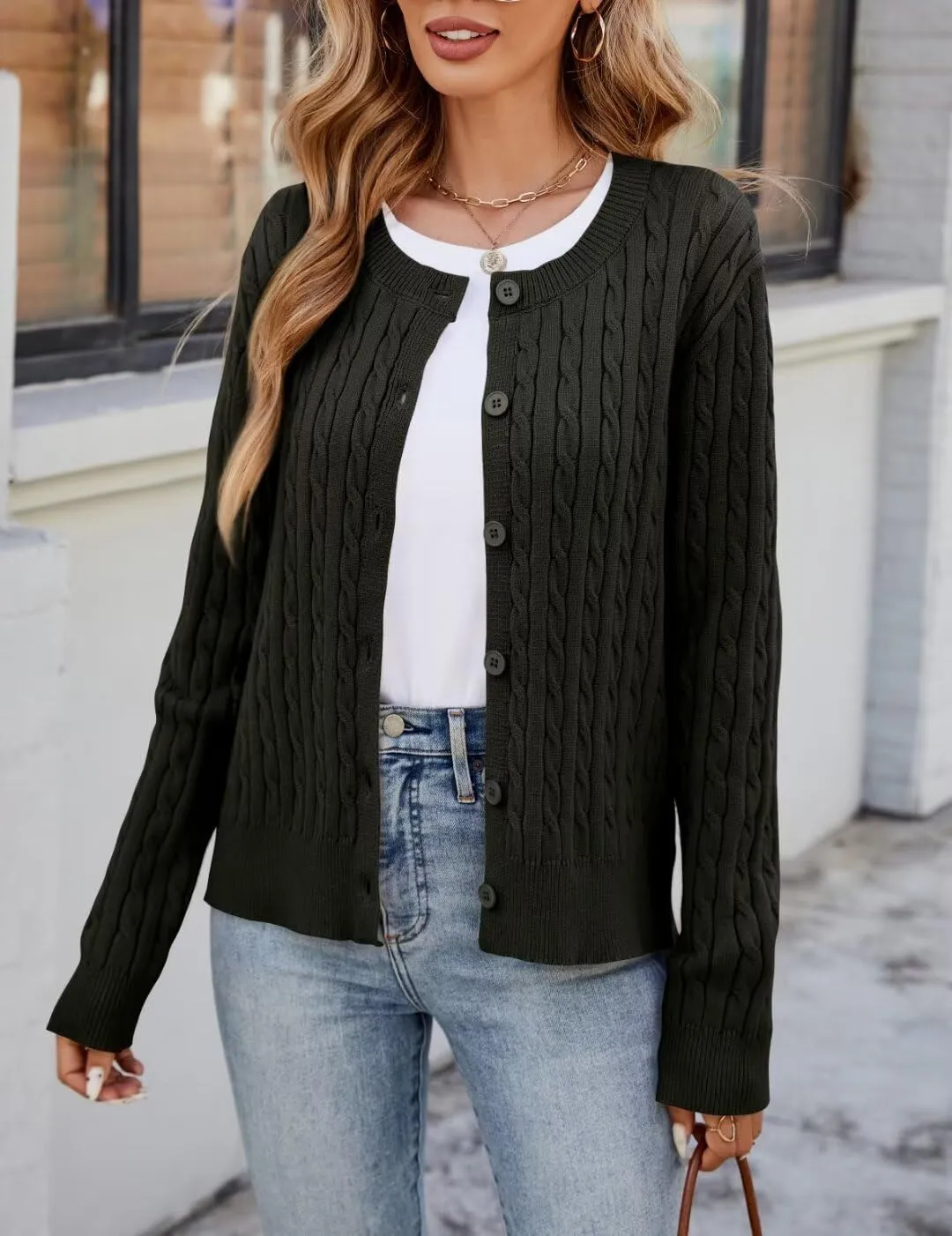 LEEDYA Women Long Sleeve Cable Knit Cardigan Button Down Open Front Cropped Sweater Crewneck Fall Jacket Tops Outfits