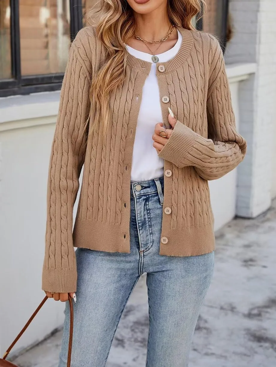 LEEDYA Women Long Sleeve Cable Knit Cardigan Button Down Open Front Cropped Sweater Crewneck Fall Jacket Tops Outfits