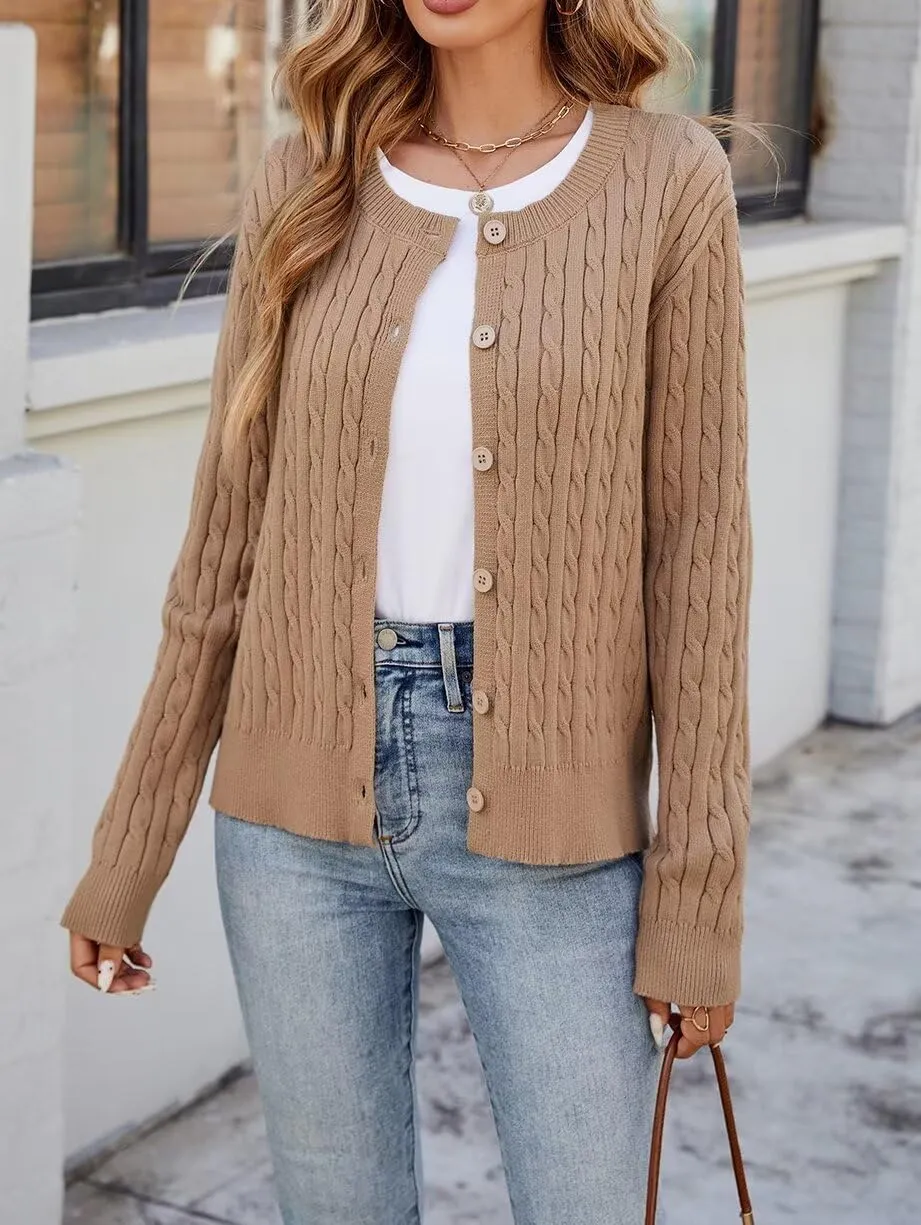LEEDYA Women Long Sleeve Cable Knit Cardigan Button Down Open Front Cropped Sweater Crewneck Fall Jacket Tops Outfits