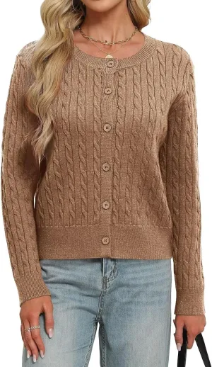 LEEDYA Women Long Sleeve Cable Knit Cardigan Button Down Open Front Cropped Sweater Crewneck Fall Jacket Tops Outfits