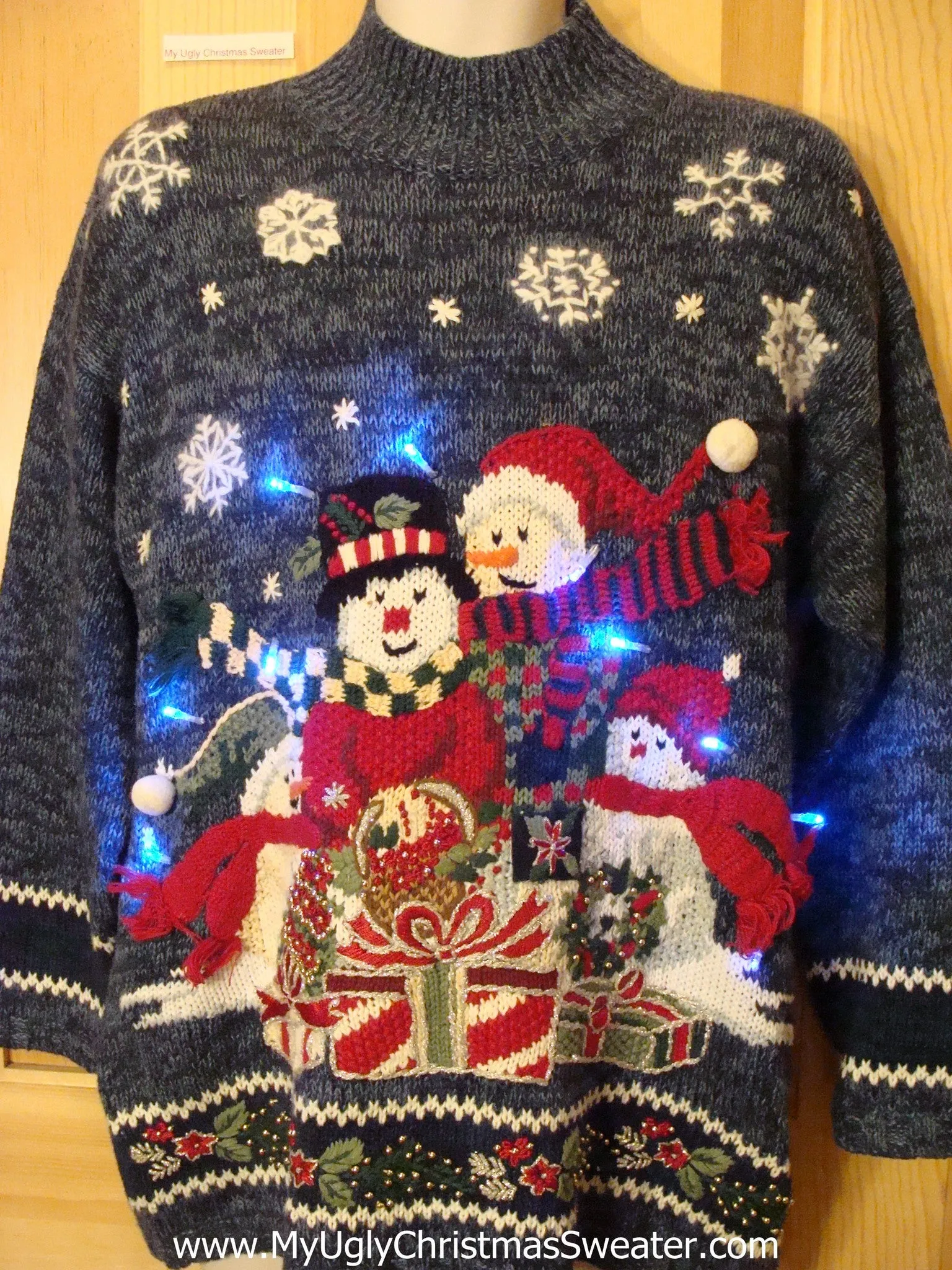 Light Up Ugly Christmas Sweater Festive Snowmen 80s