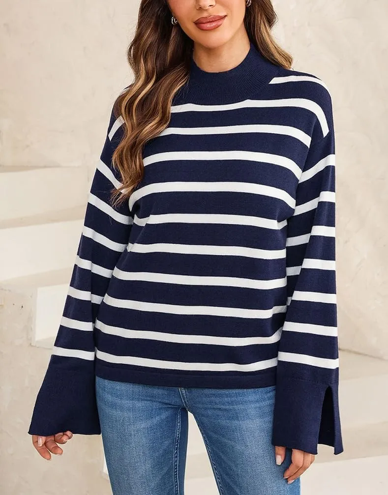 Melliflo Women Casual Turtleneck Striped Sweater 2024 Fall Winter Long Sleeve Side Slit Oversized Knit Pullover