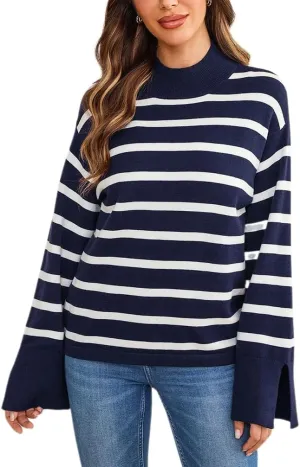 Melliflo Women Casual Turtleneck Striped Sweater 2024 Fall Winter Long Sleeve Side Slit Oversized Knit Pullover