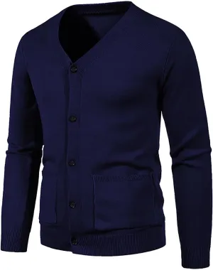 Men's Knit Cardigan Sweater V Neck Button up Sweaters Ribbed Cardigan Sweater with Pockets Long-Sleeve Soft Cardigan