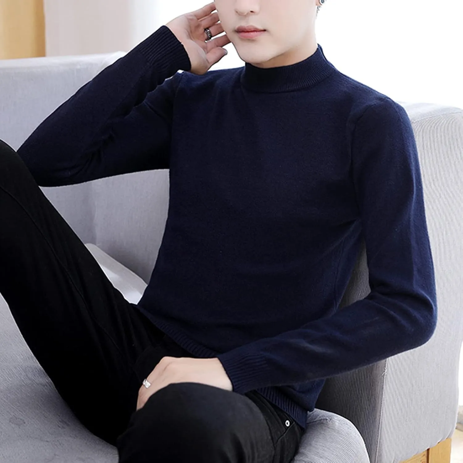 Men's Mock Turtleneck Knit Sweater Long Sleeve Pullover Sweaters Round Neck Knit Sweater Korean Slim Base Sweater
