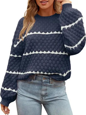 MEROKEETY Women's Striped Long Sleeve Pullover Sweater Crew Neck Oversized Fall Casual Knit Jumper Tops