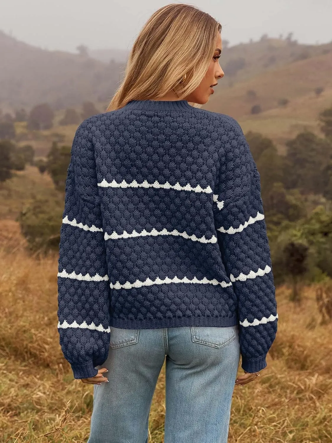 MEROKEETY Women's Striped Long Sleeve Pullover Sweater Crew Neck Oversized Fall Casual Knit Jumper Tops