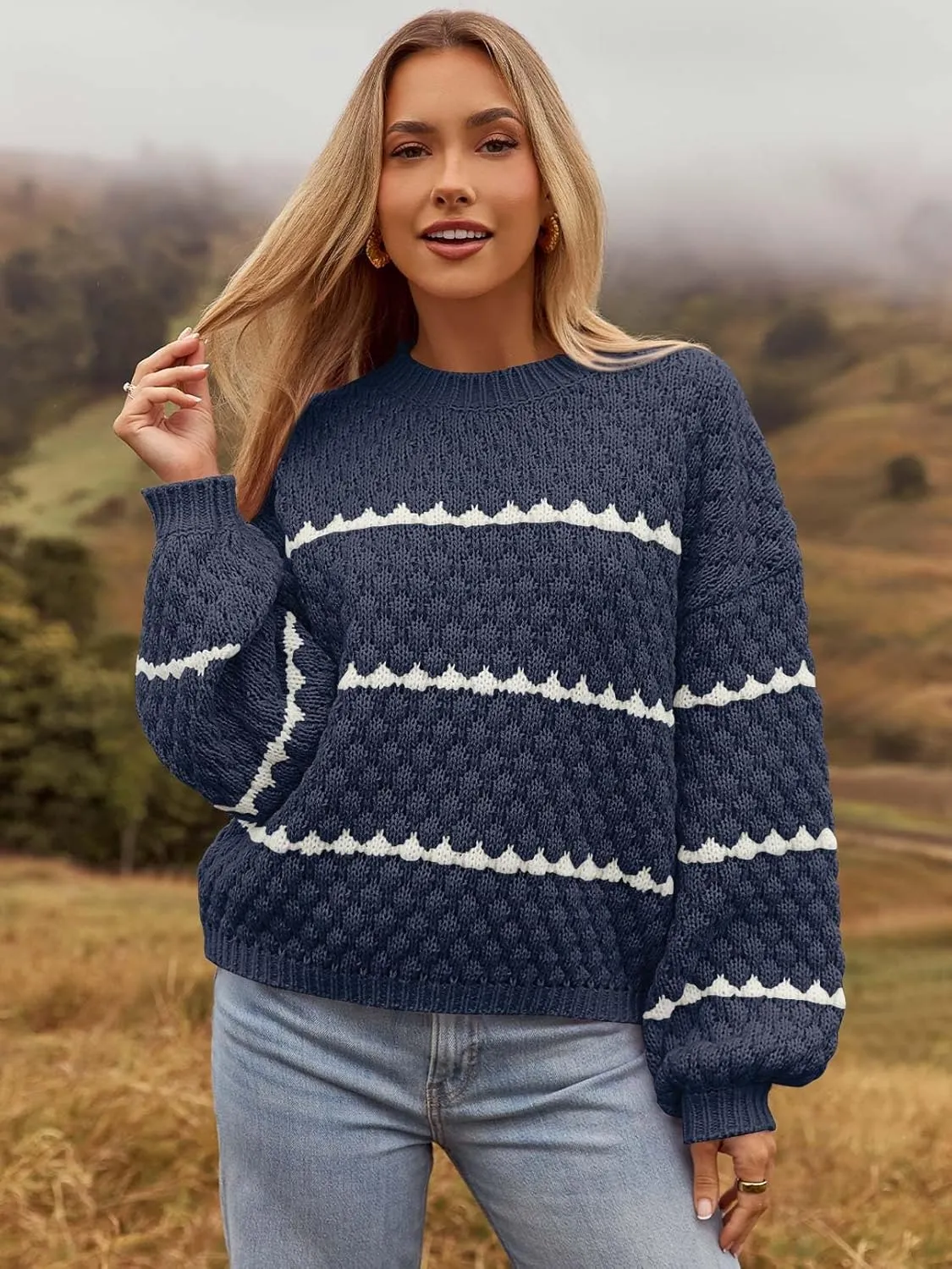 MEROKEETY Women's Striped Long Sleeve Pullover Sweater Crew Neck Oversized Fall Casual Knit Jumper Tops