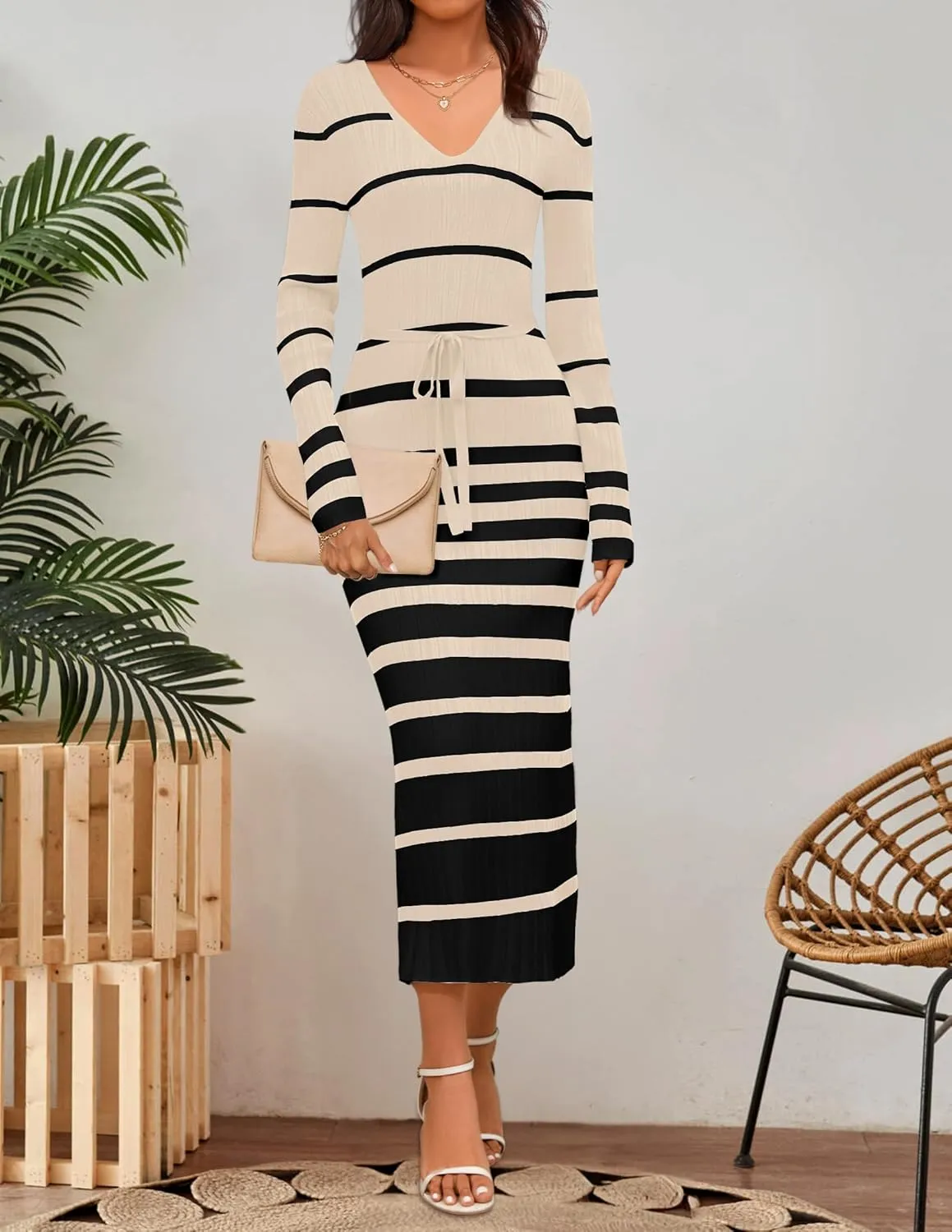 NENONA Women's V Neck Long Sleeve Bodycon Sweater Dress Striped Ribbed Knit Fall & Winter Maxi Dresses