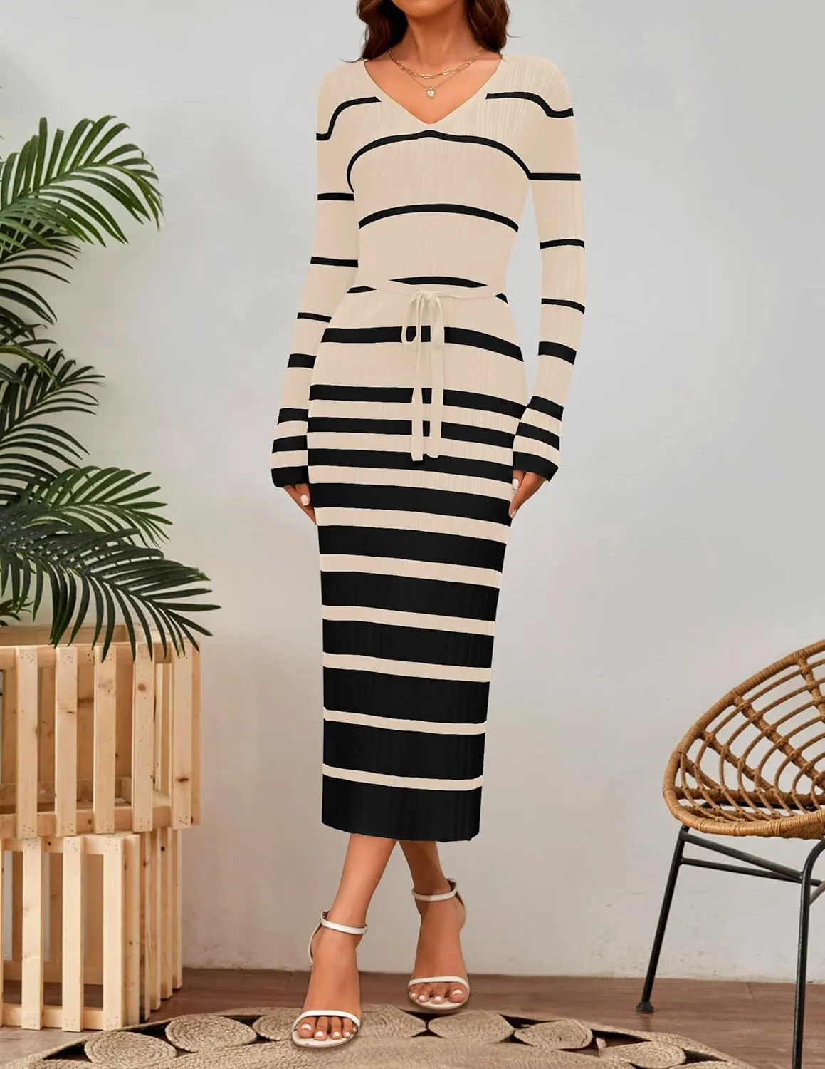 NENONA Women's V Neck Long Sleeve Bodycon Sweater Dress Striped Ribbed Knit Fall & Winter Maxi Dresses