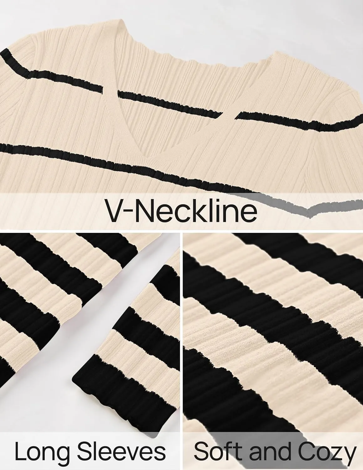 NENONA Women's V Neck Long Sleeve Bodycon Sweater Dress Striped Ribbed Knit Fall & Winter Maxi Dresses