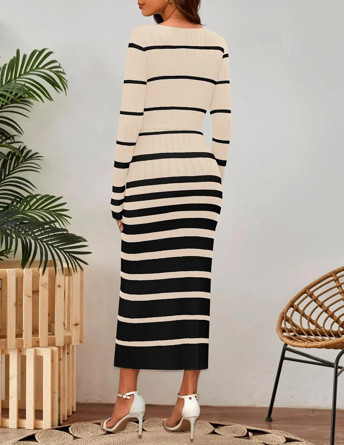 NENONA Women's V Neck Long Sleeve Bodycon Sweater Dress Striped Ribbed Knit Fall & Winter Maxi Dresses