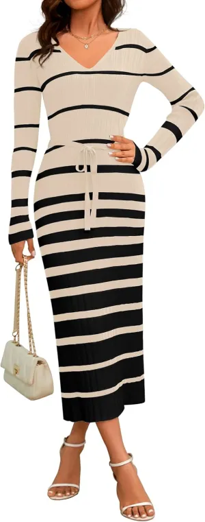 NENONA Women's V Neck Long Sleeve Bodycon Sweater Dress Striped Ribbed Knit Fall & Winter Maxi Dresses