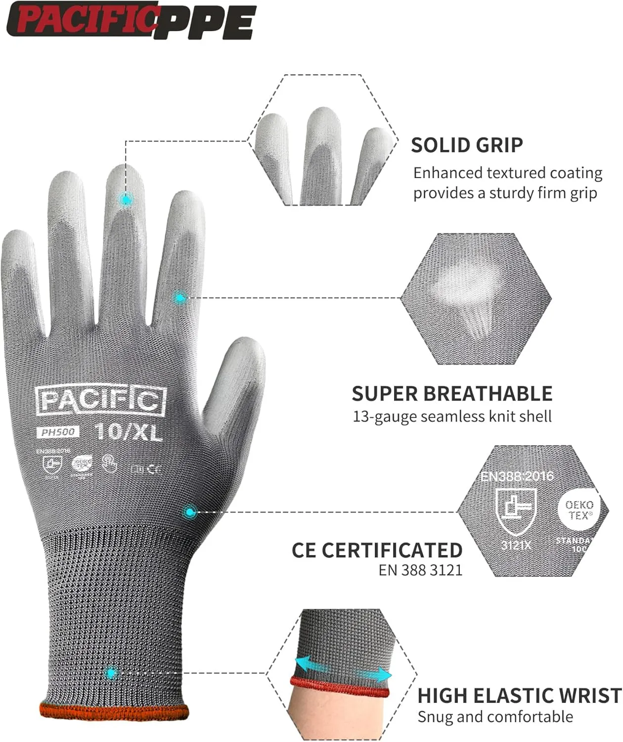 PACIFIC PPE Work Gloves PU Coated-18 Pairs, Touchscreen Working Gloves for Men and Women, Mechanic Gloves, Lightweight, Grey, 2X-Large
