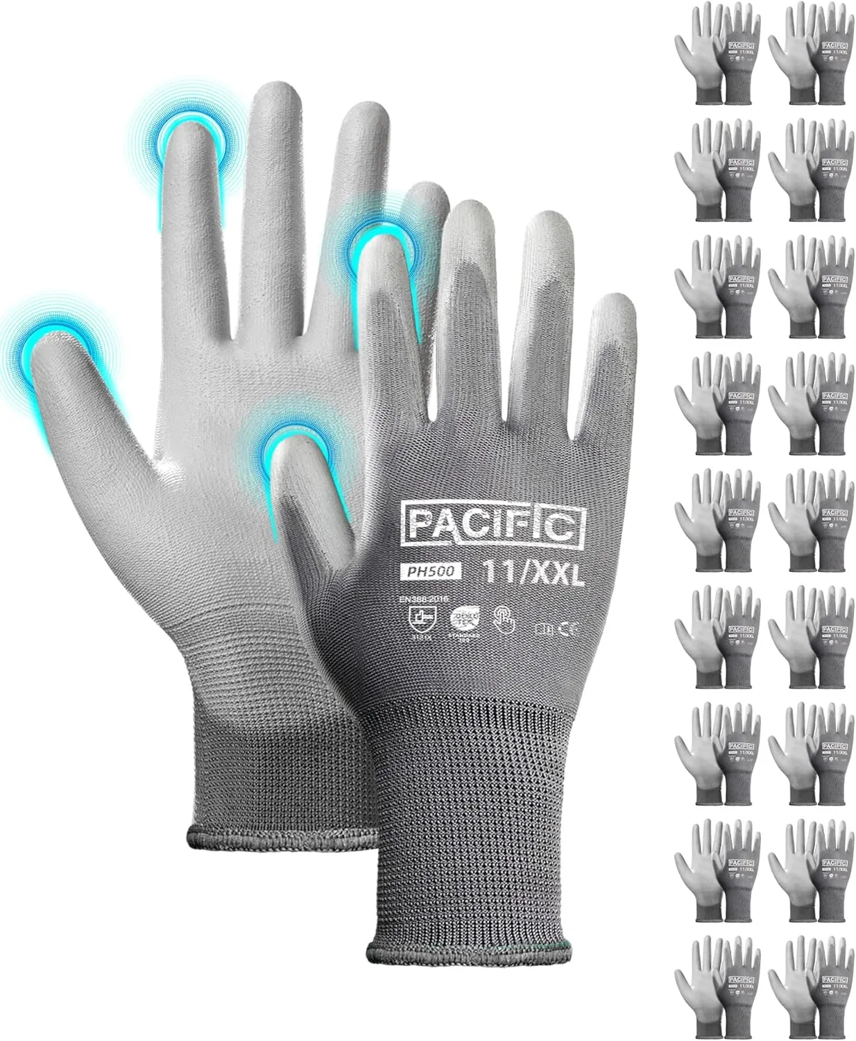 PACIFIC PPE Work Gloves PU Coated-18 Pairs, Touchscreen Working Gloves for Men and Women, Mechanic Gloves, Lightweight, Grey, 2X-Large