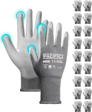 PACIFIC PPE Work Gloves PU Coated-18 Pairs, Touchscreen Working Gloves for Men and Women, Mechanic Gloves, Lightweight, Grey, 2X-Large