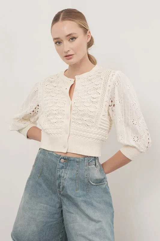Paige 3/4 Sleeve Crochet Cardigan Sweater Top Cream