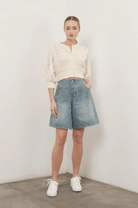 Paige 3/4 Sleeve Crochet Cardigan Sweater Top Cream