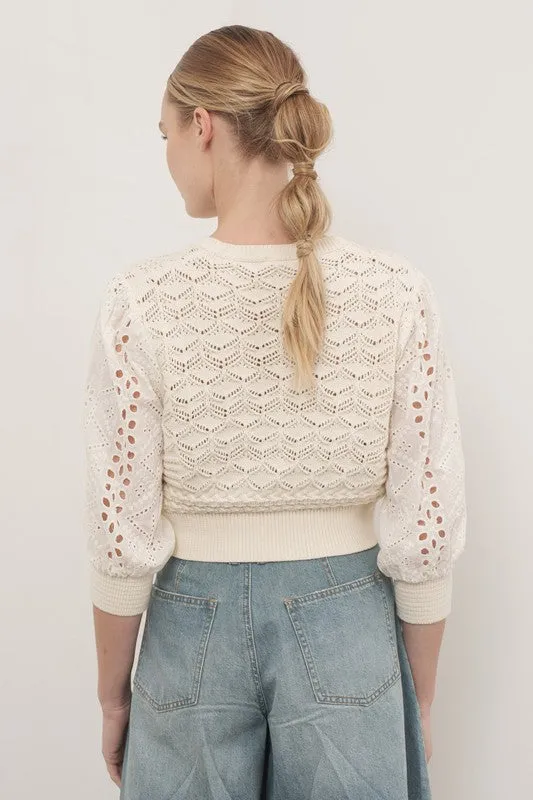 Paige 3/4 Sleeve Crochet Cardigan Sweater Top Cream