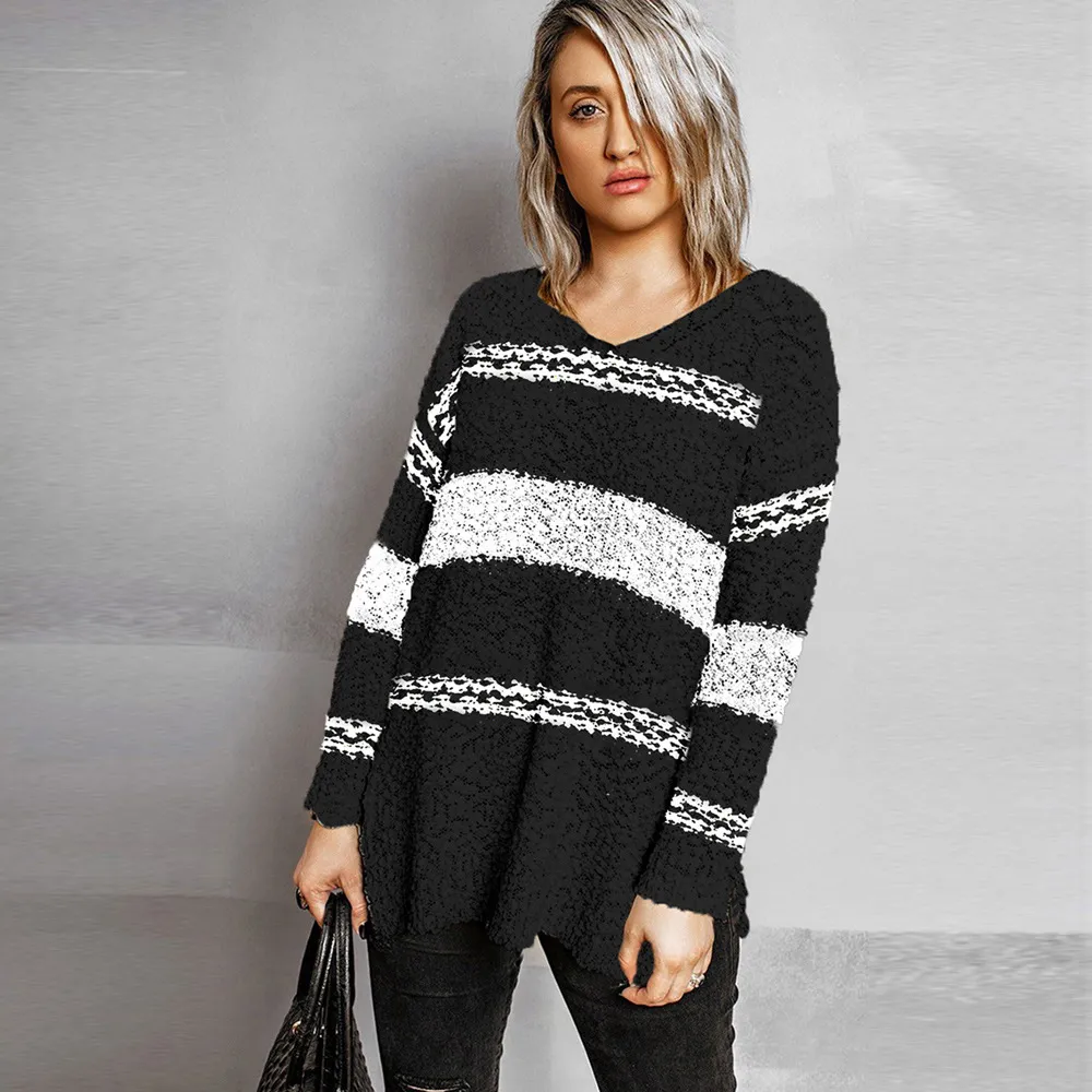 PIN GROUPS European And American Women's V-neck Split Loose Casual Striped Sweater