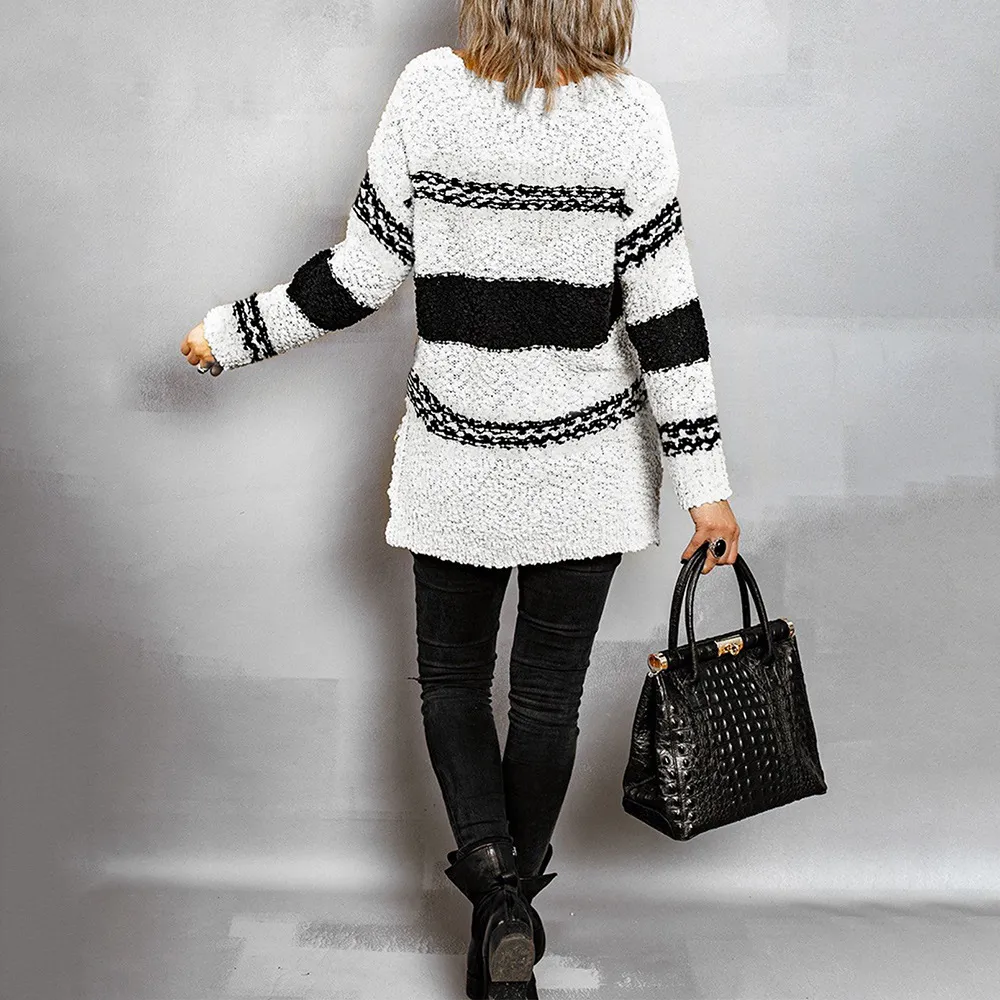 PIN GROUPS European And American Women's V-neck Split Loose Casual Striped Sweater
