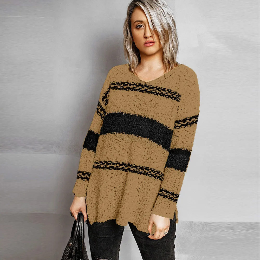 PIN GROUPS European And American Women's V-neck Split Loose Casual Striped Sweater