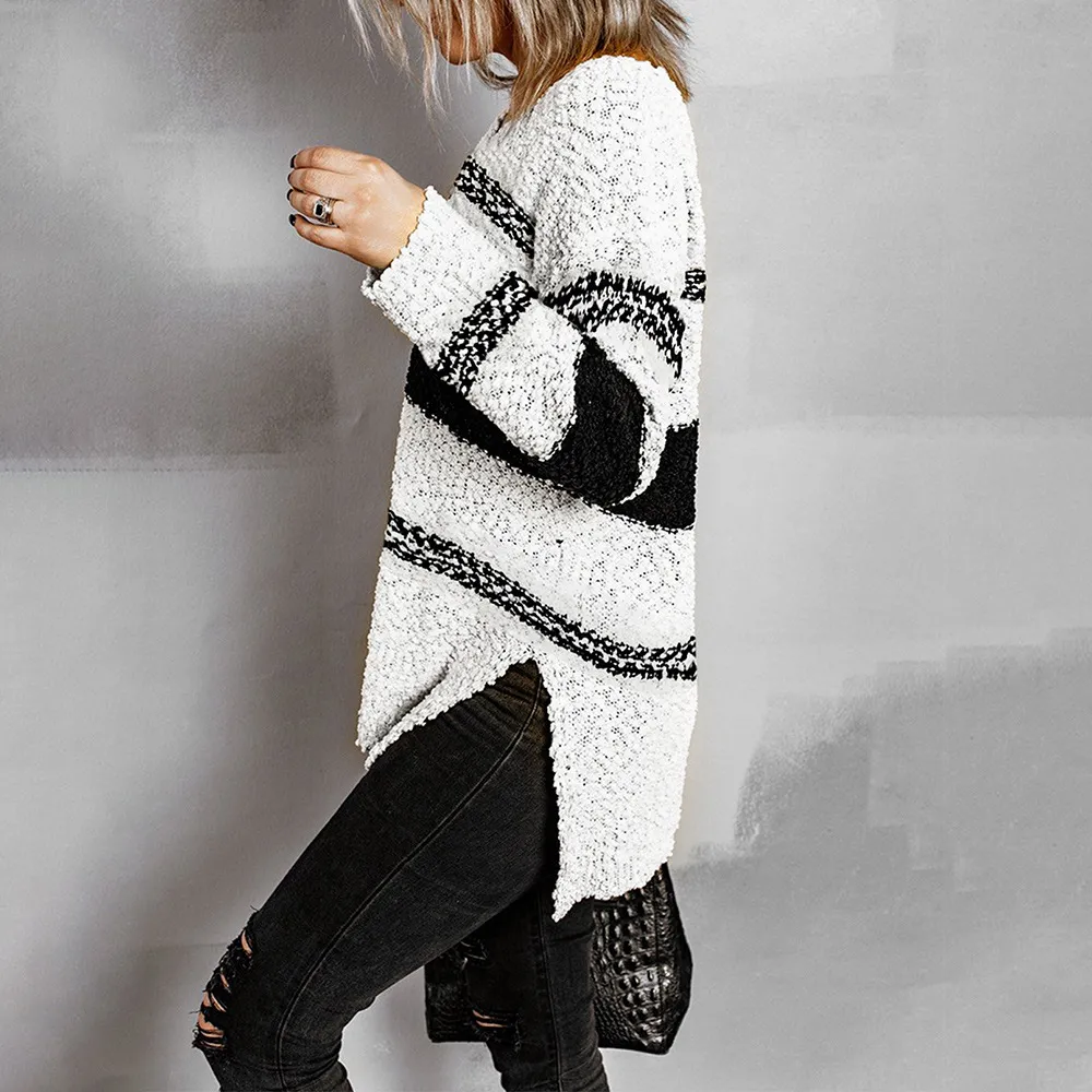 PIN GROUPS European And American Women's V-neck Split Loose Casual Striped Sweater
