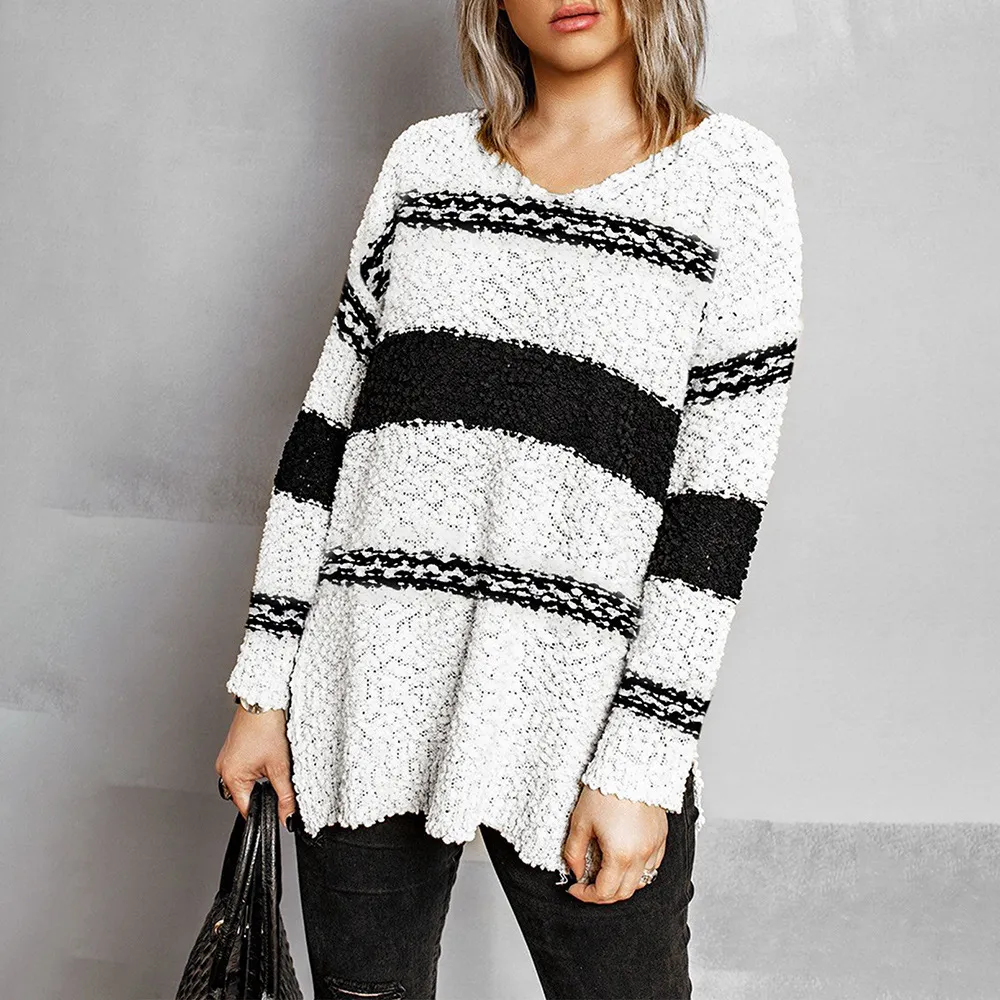 PIN GROUPS European And American Women's V-neck Split Loose Casual Striped Sweater