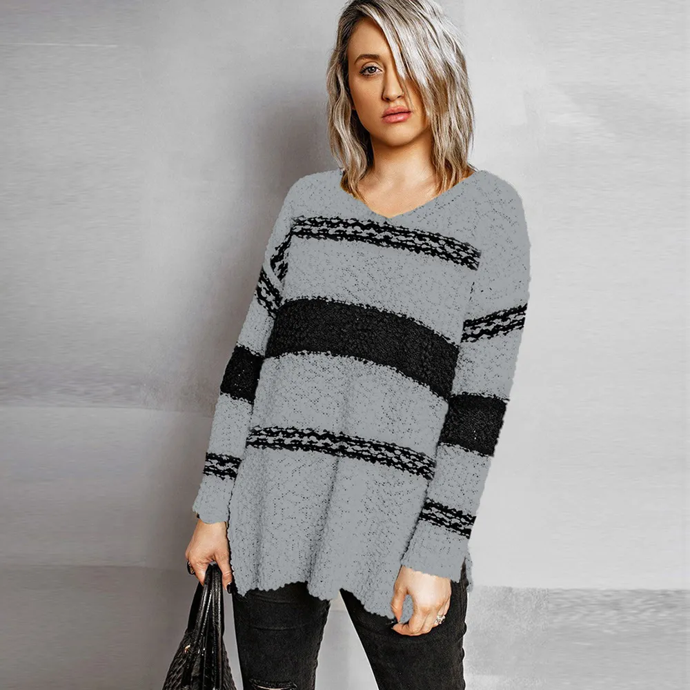 PIN GROUPS European And American Women's V-neck Split Loose Casual Striped Sweater