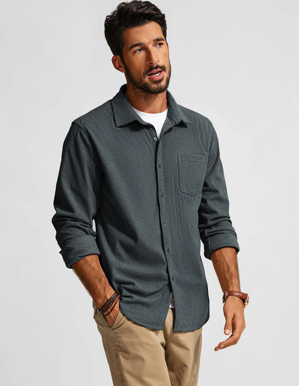 PJ PAUL JONES Men's Button Down Shirt Texture Wrinkle Free Shirts Long Sleeve Waffle Untucked Shirt
