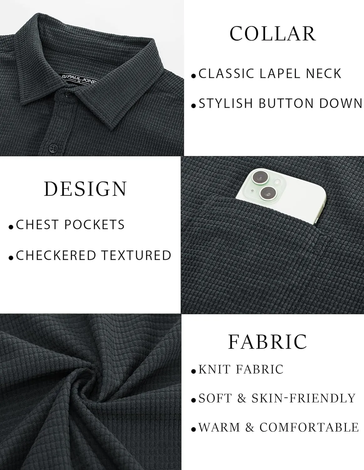 PJ PAUL JONES Men's Button Down Shirt Texture Wrinkle Free Shirts Long Sleeve Waffle Untucked Shirt