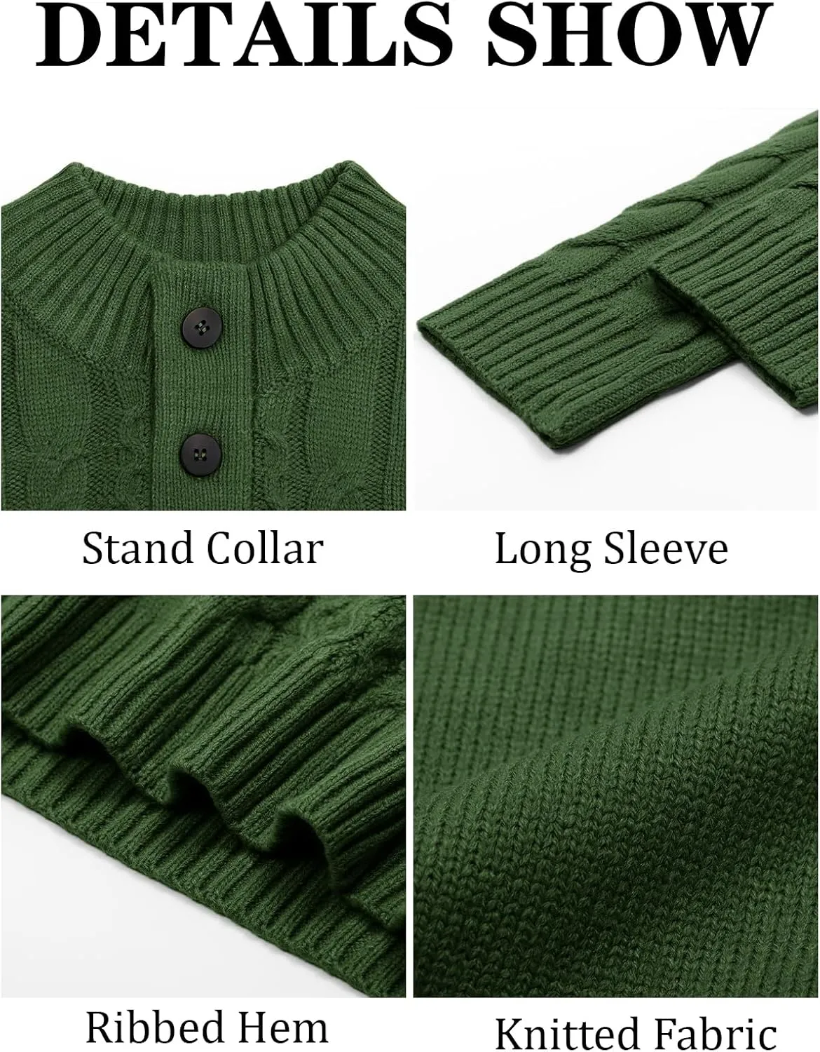 Runcati Mens Cable Knit Pullover Sweater Casual Stand Collar Chunky Buttons Fall Winter Sweaters