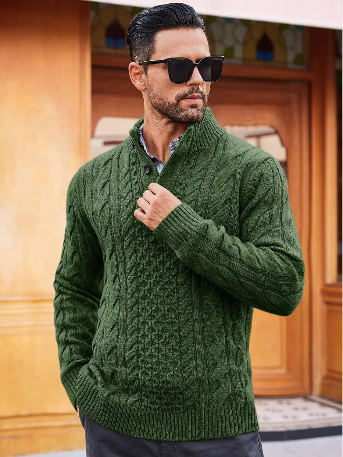 Runcati Mens Cable Knit Pullover Sweater Casual Stand Collar Chunky Buttons Fall Winter Sweaters