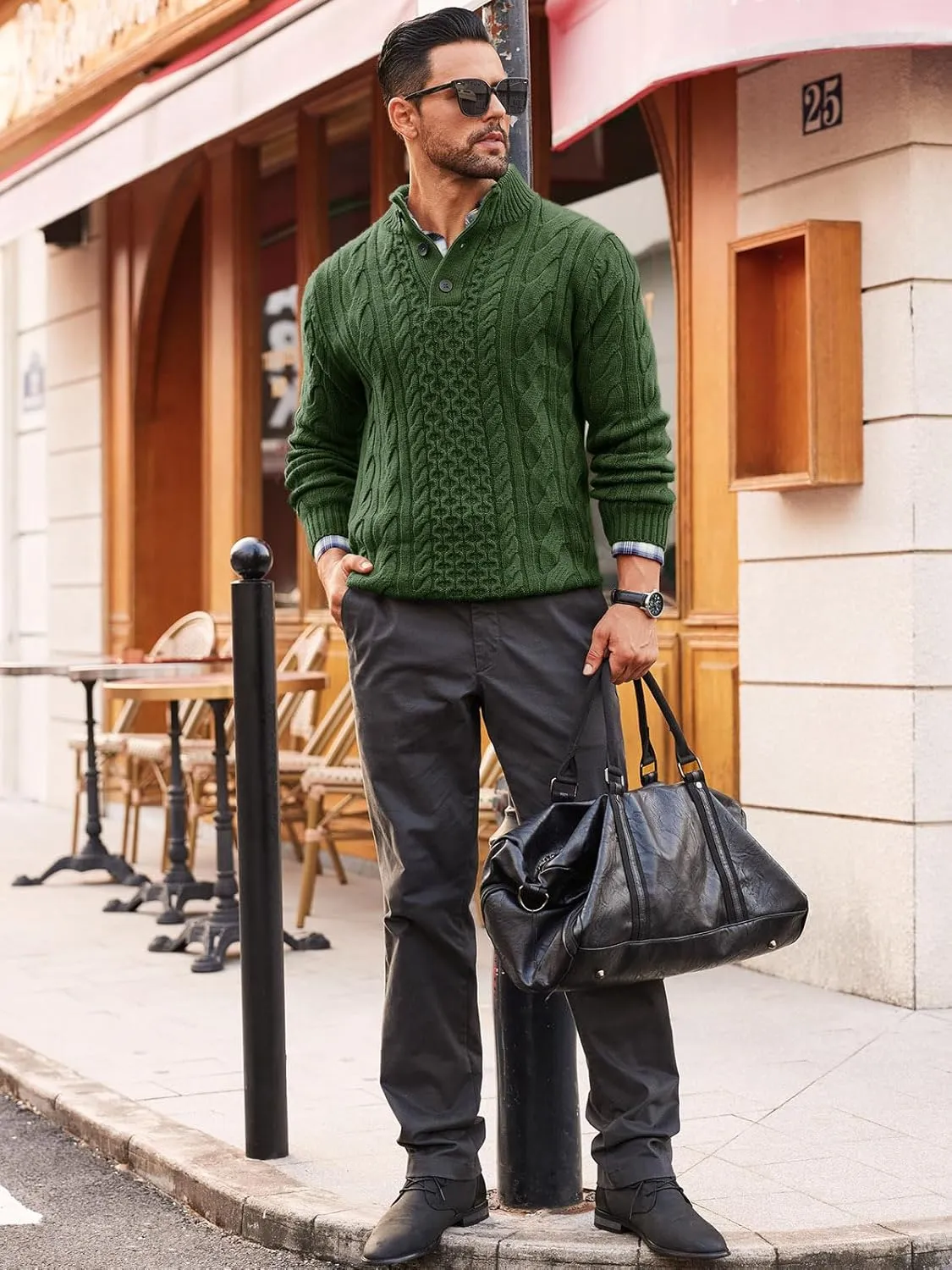 Runcati Mens Cable Knit Pullover Sweater Casual Stand Collar Chunky Buttons Fall Winter Sweaters