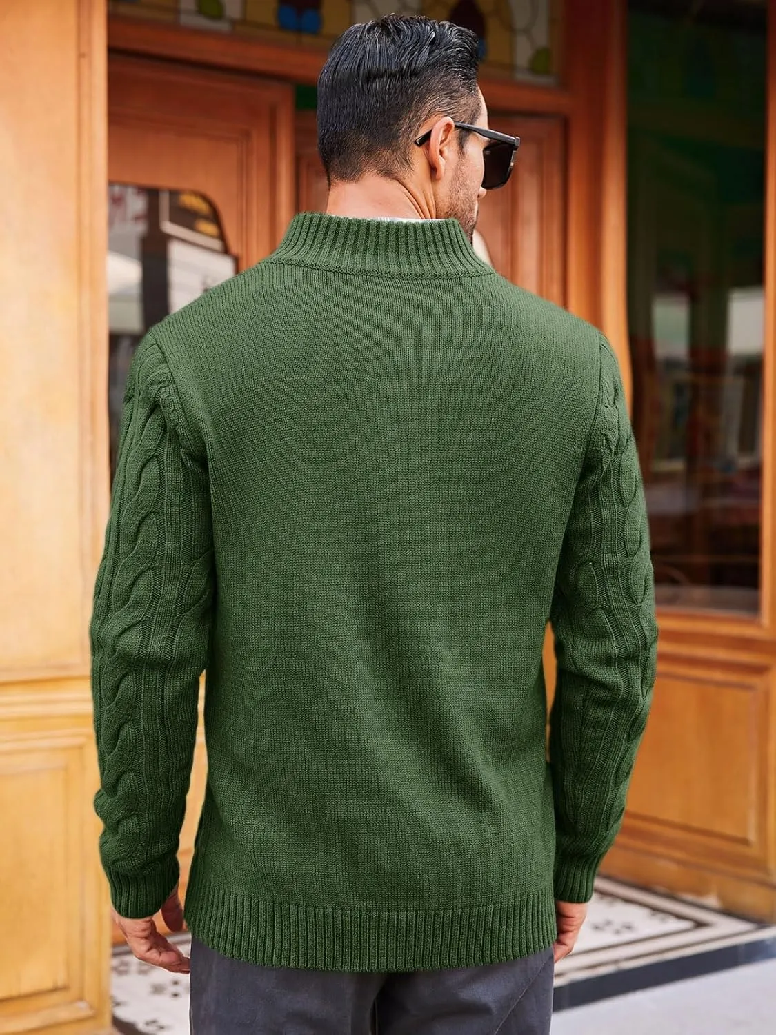 Runcati Mens Cable Knit Pullover Sweater Casual Stand Collar Chunky Buttons Fall Winter Sweaters