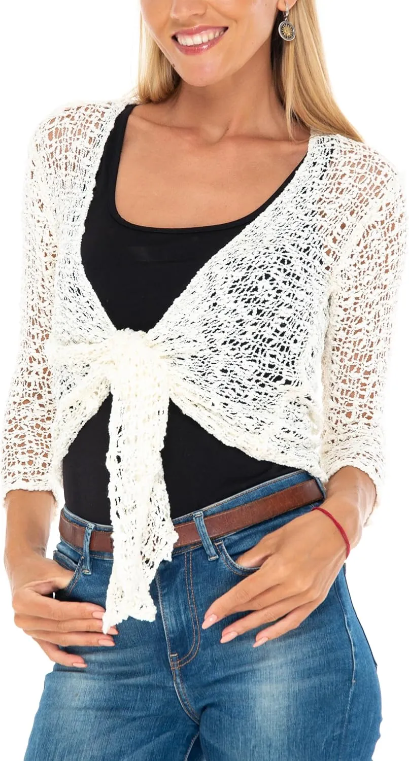 SHU-SHI Womens Cropped Cardigan Tie Front Knit Shrug Summer Open Weave Hollow Out Sweater