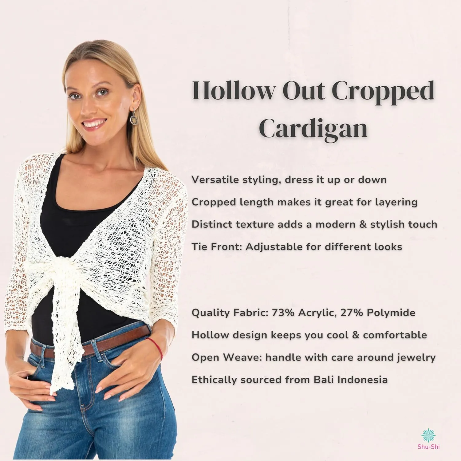 SHU-SHI Womens Cropped Cardigan Tie Front Knit Shrug Summer Open Weave Hollow Out Sweater