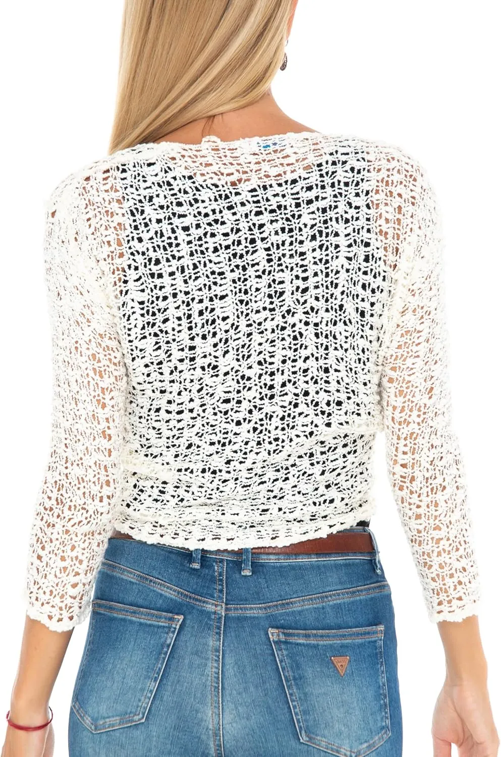 SHU-SHI Womens Cropped Cardigan Tie Front Knit Shrug Summer Open Weave Hollow Out Sweater