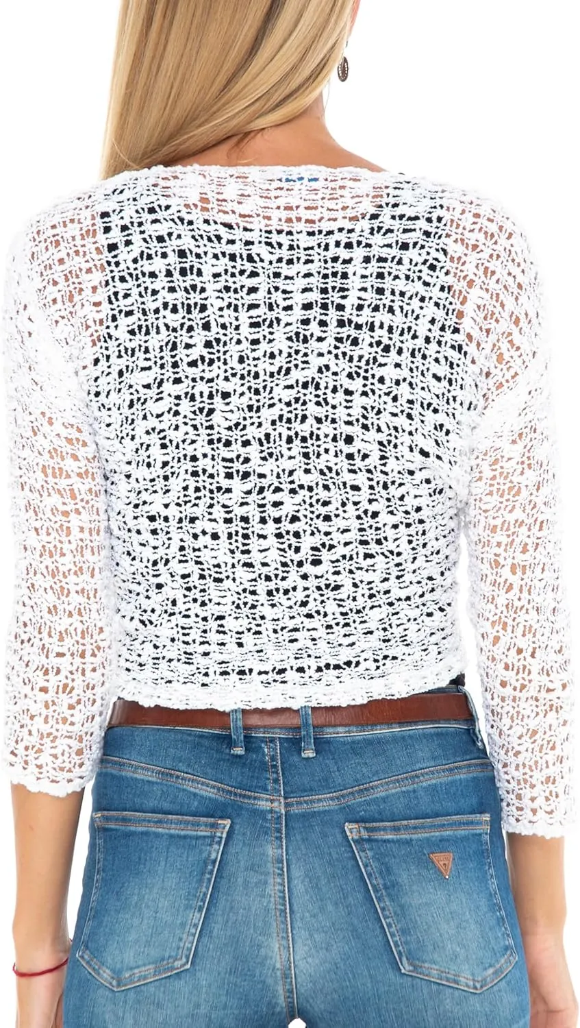 SHU-SHI Womens Cropped Cardigan Tie Front Knit Shrug Summer Open Weave Hollow Out Sweater