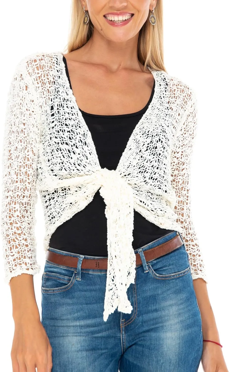 SHU-SHI Womens Cropped Cardigan Tie Front Knit Shrug Summer Open Weave Hollow Out Sweater