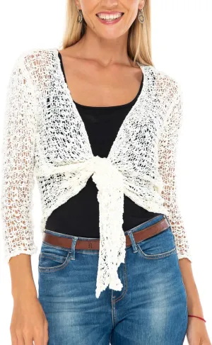 SHU-SHI Womens Cropped Cardigan Tie Front Knit Shrug Summer Open Weave Hollow Out Sweater