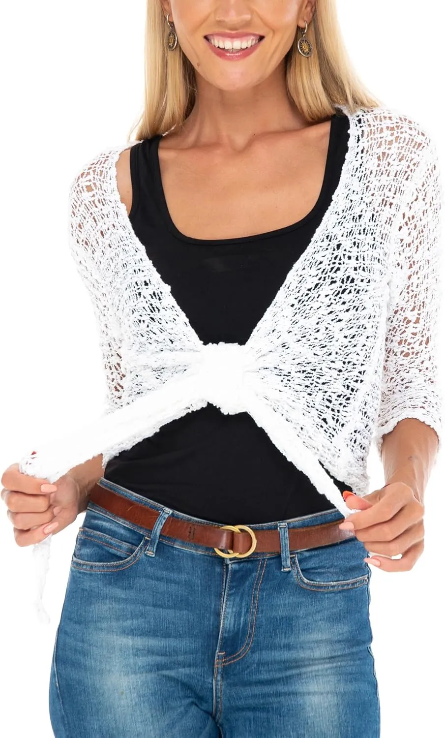 SHU-SHI Womens Cropped Cardigan Tie Front Knit Shrug Summer Open Weave Hollow Out Sweater