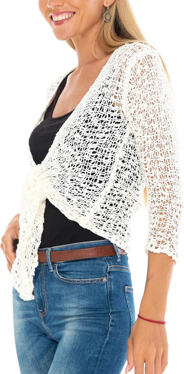 SHU-SHI Womens Cropped Cardigan Tie Front Knit Shrug Summer Open Weave Hollow Out Sweater