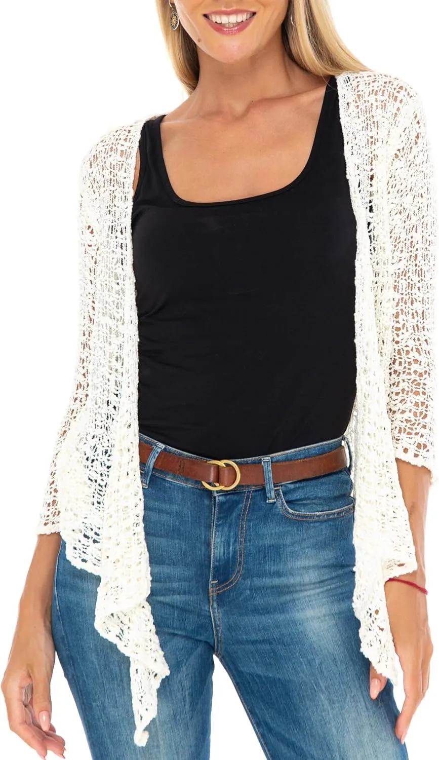 SHU-SHI Womens Cropped Cardigan Tie Front Knit Shrug Summer Open Weave Hollow Out Sweater